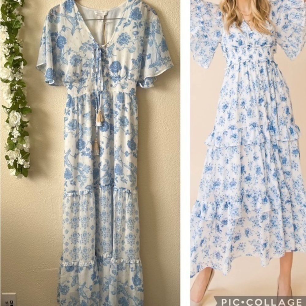 House of Harlow 1960 Blue & Gold Fleck Flutter Sleeve Tiered Maxi Dress
